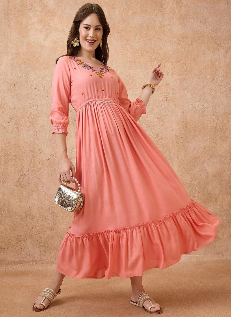 Globus Women V-Neck Floral Embroidered Yoke Fit And Flare Tiered Maxi Fusion Dress - Image 1
